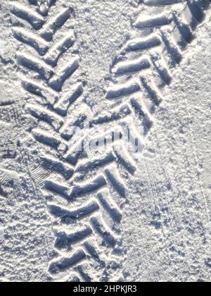 Traces of car tires in the snow in the light of the bright sun Stock Photo