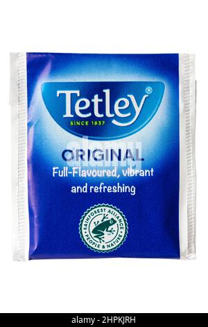Sachet of Tetley original full-flavoured vibrant and refreshing teabag tea bag isolated on white background Rainforest Alliance Certified symbol logo Stock Photo
