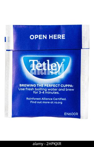 Sachet of Tetley original full-flavoured vibrant and refreshing teabag tea bag isolated on white background - back view for brewing the perfect cuppa