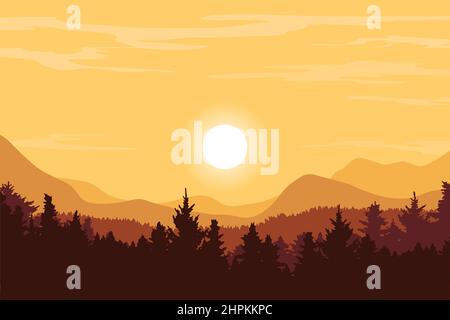 sunset landscape in nature with mountains and forest, silhouette of trees and hills at dusk vector illustration Stock Vector