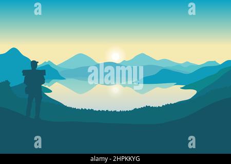 Mountain landscape and lake vector illustration, silhouette of a man standing looking at the natural landscape at sunrise Stock Vector