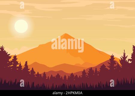 mountain panorama background vector illustration. landscape forest and mountain yellow silhouette atmosphere Stock Vector