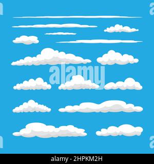 cloud cartoon design collection, white color cloud shape isolated on blue background Stock Vector