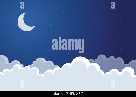 vector landscape of clouds and night sky with crescent moon for background Stock Vector