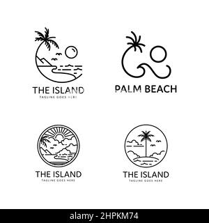 beach and palm tree logo collection on tropical island monoline style design Stock Vector