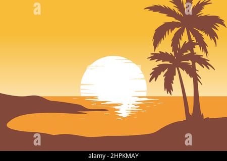 vector illustration of sunset scenery on tropical beach Stock Vector