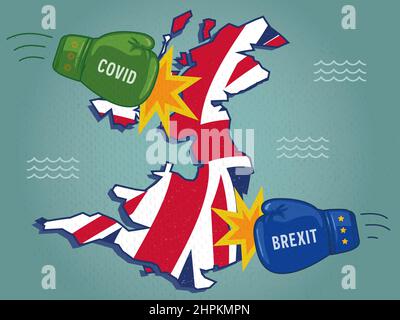 UK map being hit by boxing gloves representing impact of Covid and Brexit. Stock Photo