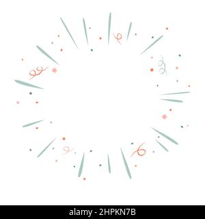 Doodle burst splash in vintage style on white background. Congrats round frame. Vector hand drawn sketch illustration, pastel colors. Line sparkle Stock Vector