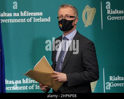 Minister for Children, Equality, Disability, Integration and Youth Roderic O'Gorman, TD arrives to speak to the media at Government Buildings in Dublin about the Tuam mother and baby home. Picture date: Tuesday February 22, 2022. Stock Photo