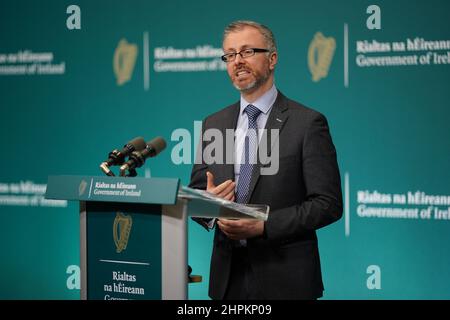 Minister for Children, Equality, Disability, Integration and Youth Roderic O'Gorman, TD speaking to the media at Government Buildings in Dublin about the Tuam mother and baby home. Picture date: Tuesday February 22, 2022. Stock Photo