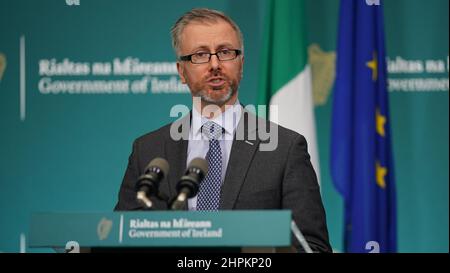 Minister for Children, Equality, Disability, Integration and Youth Roderic O'Gorman, TD speaking to the media at Government Buildings in Dublin about the Tuam mother and baby home. Picture date: Tuesday February 22, 2022. Stock Photo