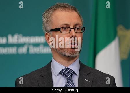 Minister for Children, Equality, Disability, Integration and Youth Roderic O'Gorman, TD speaking to the media at Government Buildings in Dublin about the Tuam mother and baby home. Picture date: Tuesday February 22, 2022. Stock Photo