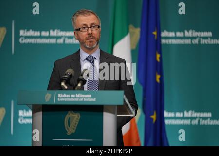 Minister for Children, Equality, Disability, Integration and Youth Roderic O'Gorman, TD speaking to the media at Government Buildings in Dublin about the Tuam mother and baby home. Picture date: Tuesday February 22, 2022. Stock Photo