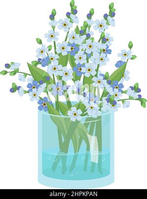 Cute spring and summer bouquet of small blue forget me not flowers with stems and leaves in white vase. Interior design. Plant shop. Vector illustration Stock Vector