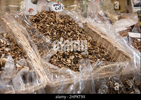 Dried white high quality porcini mushrooms on central market in Florence, Tuscany, Italy close up Stock Photo