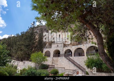 View on walls and buildings of Agios Neophytos mountain Monastery on Cyprus Stock Photo