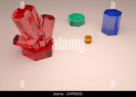 An abstract scene for placing objects. Transparent multicolored crystals lie on a pink surface. A sprout of red hexagonal crystals. 3D render. Stock Photo