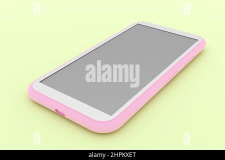 Abstract smartphone close-up. Means of communication. The phone is pink with white color lying on a yellow-green surface. 3D render. Stock Photo