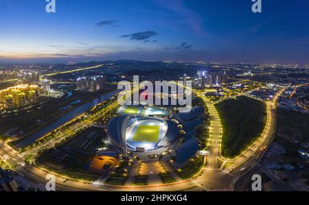 Jiangmen city skyline binjiang district sports center of night Stock Photo