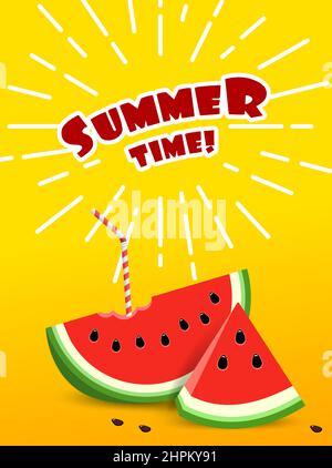 Sun drawn in pencil with text Summer Time and Watermelon. Stock Vector