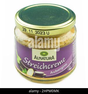 Hamburg, Germany - Febuary 22  2022: Alnatura Streichcreme Aubergine Brotaufstrich im Glas im Glas - Alnatura Aubergine spread in a jar Stock Photo