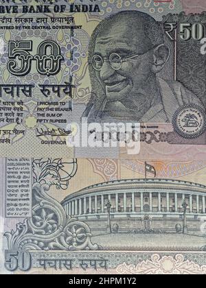 02 13 2022 Reserve bank of India Mahatma Gandhi on fifty rupee banknote studio shot Lokgram Kalyan Maharashtra India. Stock Photo