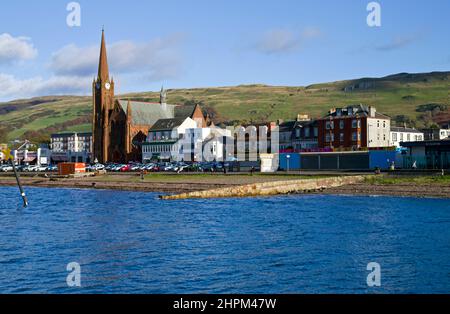 A seafront view of the popular summer Clyde Coast resort of Largs in North Ayrshire, Scotland.