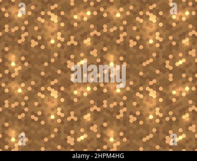 Seamless abstract vector hexagon glitter golden cloth techno texture. Disco hex pixel background. Geometric tech futuristic pattern wrapping paper des Stock Vector