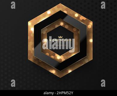 Vector black hexagon. Glossy luxury dark and golden line frame. Honeycomb shape border logo header on gold hex glitter layer. Realistic glass frame Stock Vector