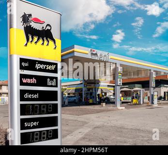 Fossano, Italy - February 22, 2022: Eni logo sign with fuel price display, Eni S.p.a is an Italian oil company worldwide. Expensive fuel price concept Stock Photo