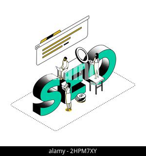 Seo optimization - modern line isometry design style illustration. Team with male and female specialists working together, holding a magnifying glass, Stock Vector