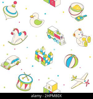 Funny toys for children - modern isometric colorful pattern on white background. Airplane, ball, brick castle, whirligig, cubes, sand bucket, drum, te Stock Vector