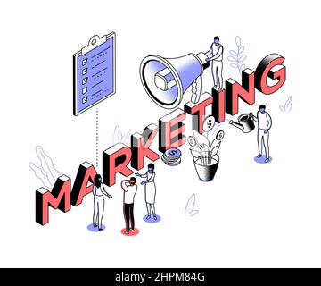 Marketing - modern line isometry design style illustration. Picture with employees discussing checklist, manager with megaphone, man watering money fl Stock Vector