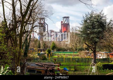 Allotment gardens in the Duisburg-Bruckhausen residential area, behind them industry with a blast furnace from Thyssenkrupp Steel Europe AG Stock Photo