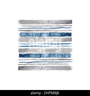 Watercolor pattern of gray and indigo stripes background, poster print striped pattern in blue and grey colors on white Stock Photo