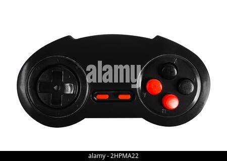 Isolated photo of gaming 8 bit plastic controller joystick with red buttons on white background. Stock Photo