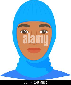 Black man wearing balaclava helmet. Trendy worm headgear for cold weather. Facial mask for the whole head to wear under helmet in flat style. Vector Stock Vector