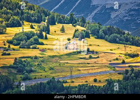 Bormio Alps landscape church on the hill view, Province of Sondrio, Lombardy, Italy