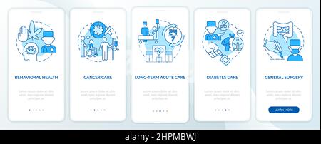 Types of medical services blue onboarding mobile app screen Stock Vector