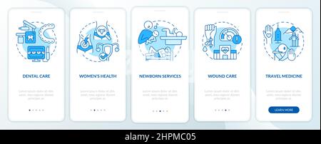 Healthcare services blue onboarding mobile app screen Stock Vector