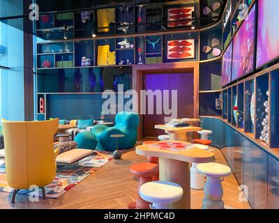 Orlando, FL USA -  December 23 2021: The Living Room lounge area in the Wave Hotel at Lake Nona in Orlando, Florida. Stock Photo