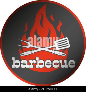 round barbecue BBQ sticker with red flames, fork and spatula, vector illustration Stock Vector
