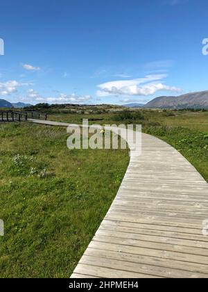 A wooden footpath leading through Thingvellir in Iceland on a sunny day Stock Photo