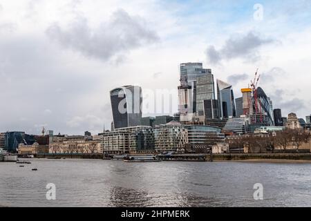 City of London and the River Thames. A view over the London skyline towards the skyscrapers of the financial City district. Stock Photo