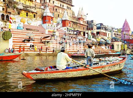 Ghats on The Ganges river  in Varanasi, India early morning Stock Photo