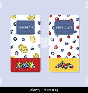 Chocolate Labels Set. Abstract Vector Packaging Design Layouts Collection. Modern Typography, Hand Drawn blueberry, cranberry and pineapple Sketches Stock Vector