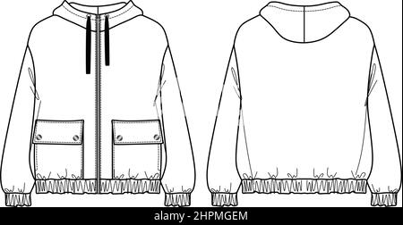 Vector woman sweatshirt fashion CAD, long sleeved hooded sweatshirt with zip in front technical drawing, template, sketch, flat. Fleece or woven fabri Stock Vector