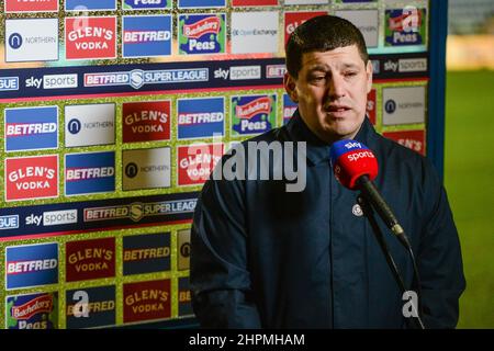 Wigan, England - 18 February 2022 - Wigan Warriors Head Coach Matt Peet talks to media during the Rugby League Betfred Super League Round 2 Wigan Warriors vs Leeds Rhinos at DW Stadium, Wigan, UK  Dean Williams Stock Photo