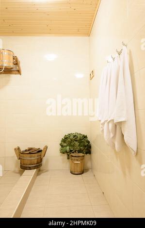 Bukovel, Ukraine February 4, 2022: bath at the Bukovel Hotel, steam treatments, shower before and after the bath. Stock Photo