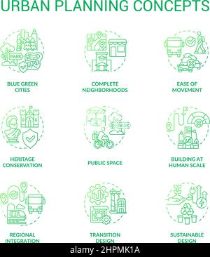 Urban planning green gradient concept icons set Stock Vector